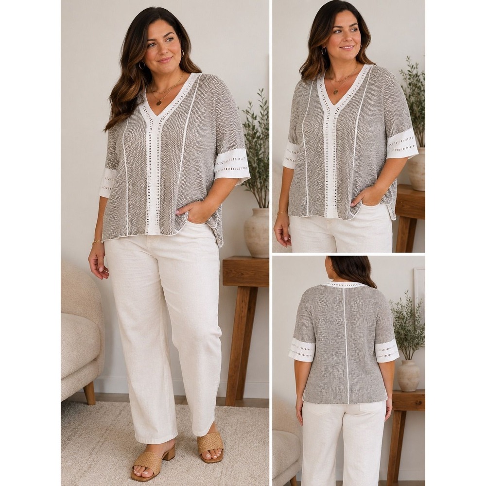 WRAP London Textured Cotton Knit V-Neck Sweater Taupe White Size US 16